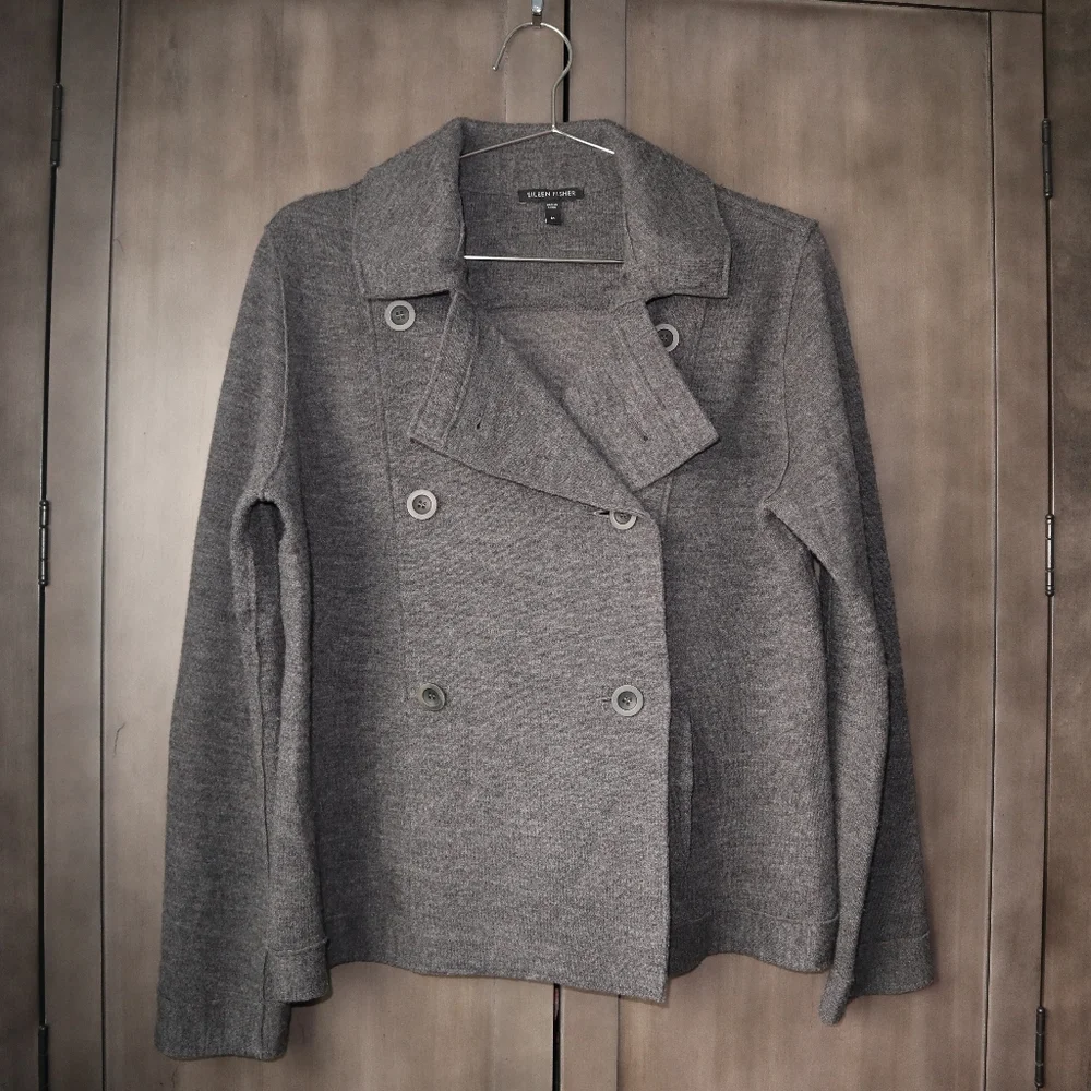 Eileen Fisher Felted 96% Merino Wool Pea Coat Sweater M Medium Charcoal Pockets - Picture 3 of 10